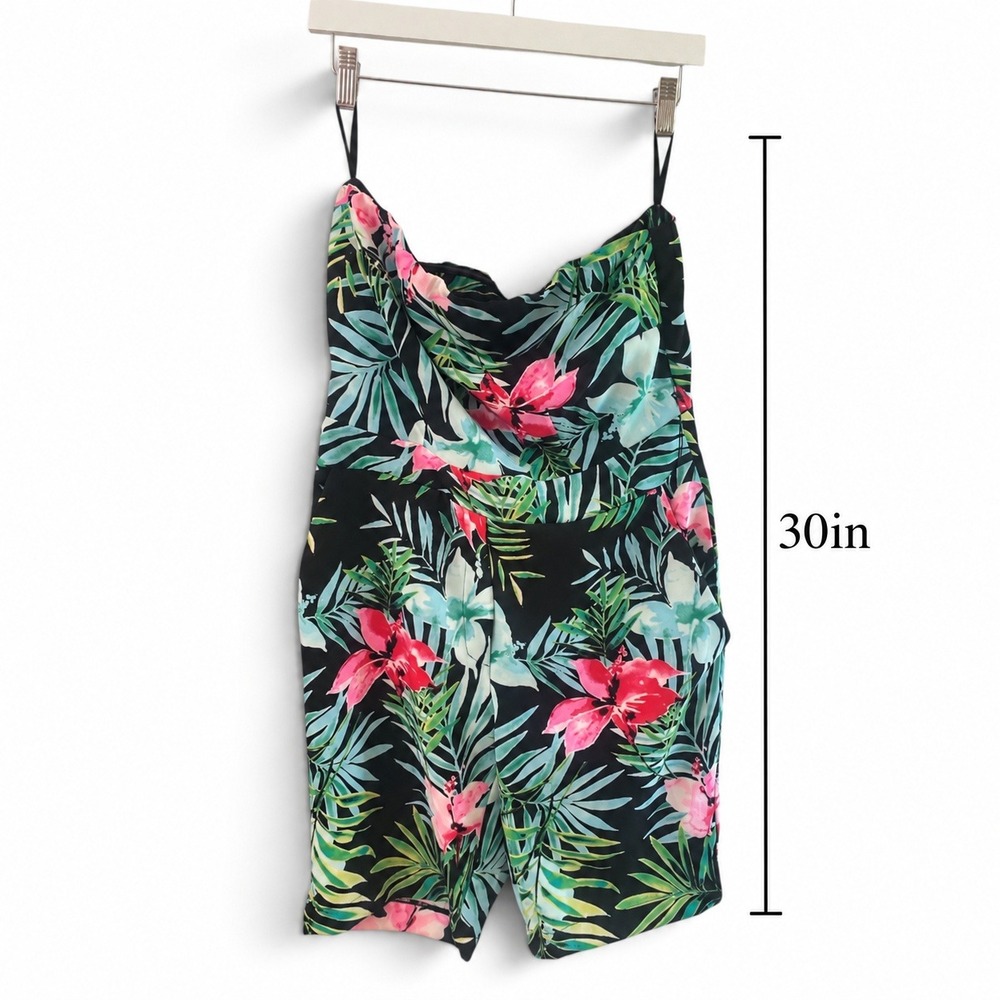 New York & Company Tropical Floral Strapless Romper Black Pink Green Medium - Picture 3 of 4